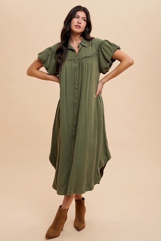 Annie Wear Mineral Washed Button Down Puff Sleeve Shirt Dress - ClassiQ