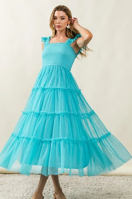 BiBi Frill Mesh Tiered Midi Dress