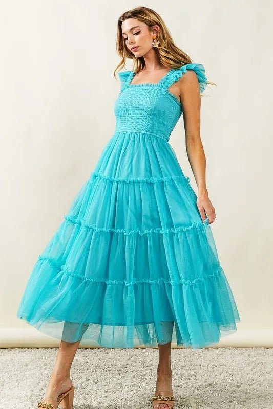 BiBi Frill Mesh Tiered Midi Dress