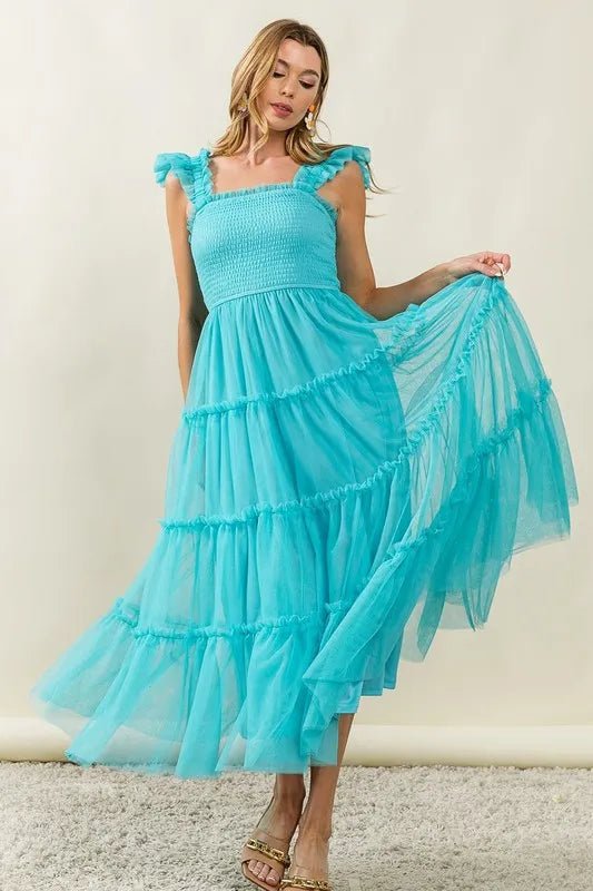 BiBi Frill Mesh Tiered Midi Dress