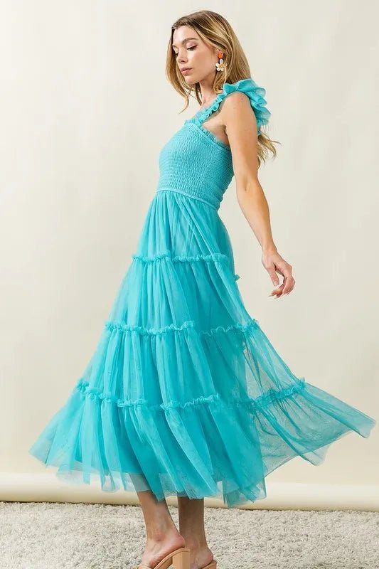 BiBi Frill Mesh Tiered Midi Dress