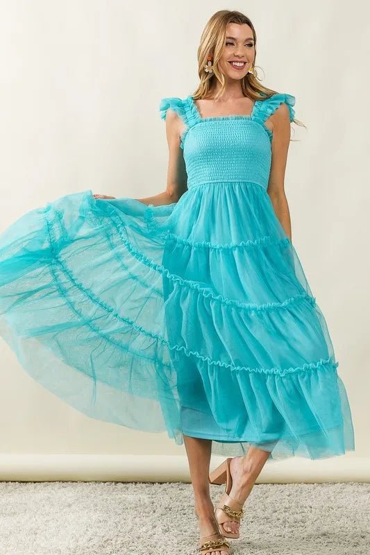 BiBi Frill Mesh Tiered Midi Dress