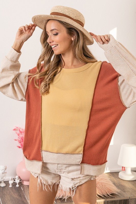 BiBi Waffle - Knit Exposed Seam Color Block Uneven Hem Top