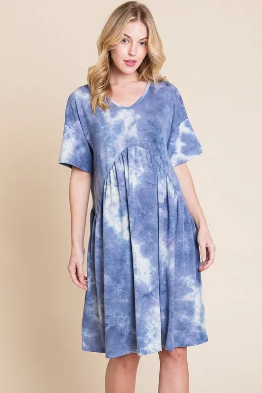 BOMBOM Tie - Dye V - Neck Half Sleeve Dress