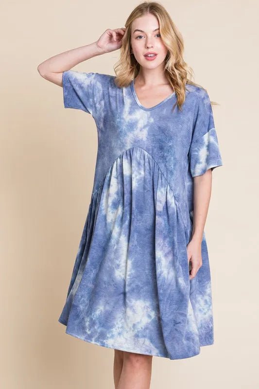 BOMBOM Tie - Dye V - Neck Half Sleeve Dress