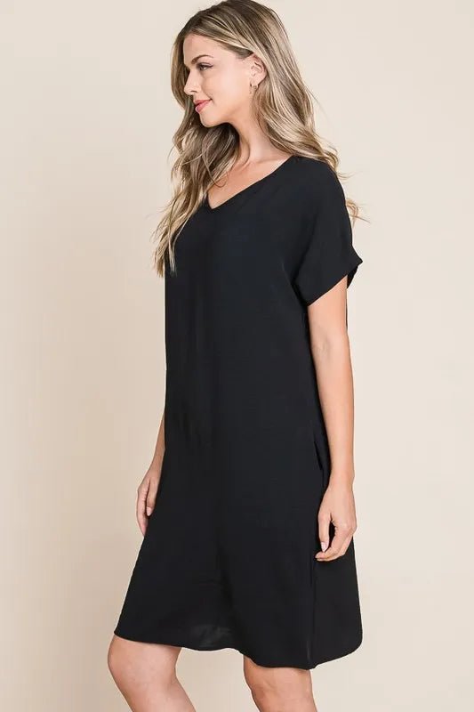 BOMBOM V - Neck Short Sleeve Dress with Pockets