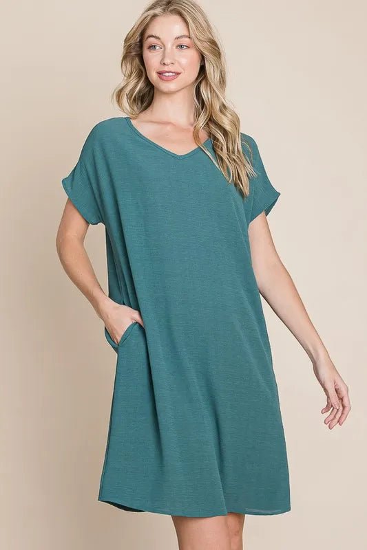 BOMBOM V - Neck Short Sleeve Dress with Pockets
