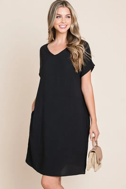 BOMBOM V - Neck Short Sleeve Dress with Pockets