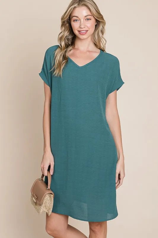 BOMBOM V - Neck Short Sleeve Dress with Pockets