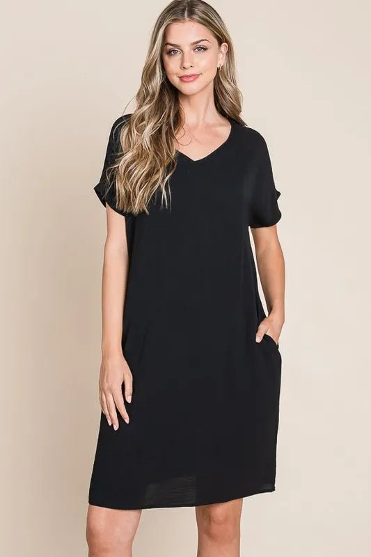 BOMBOM V - Neck Short Sleeve Dress with Pockets