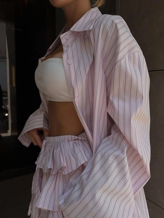 Button Down Striped Shirt and Layered Skirt Set