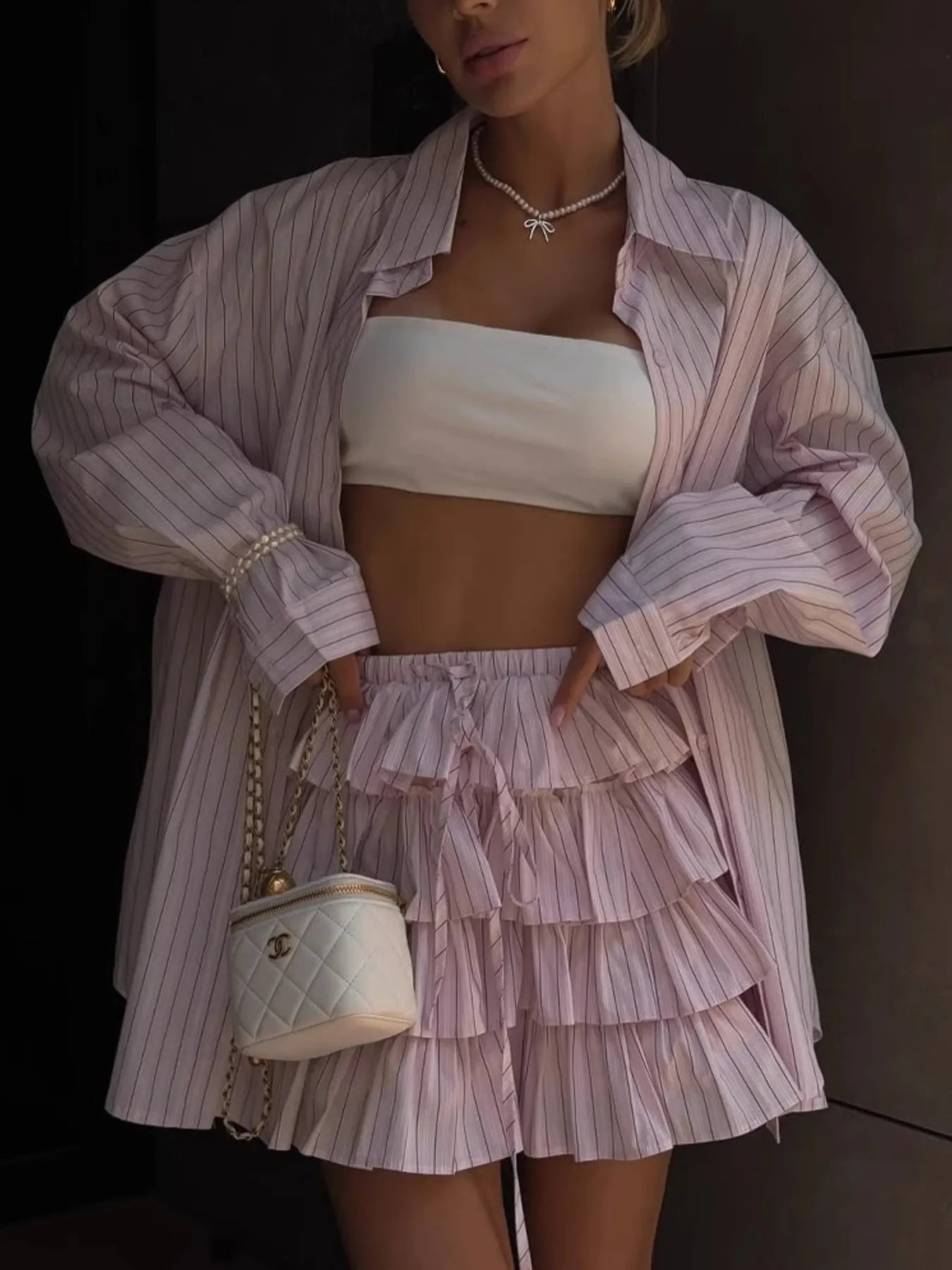 Button Down Striped Shirt and Layered Skirt Set