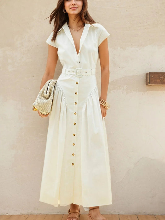 Button - Front Cap Sleeve Midi Shirt Dress