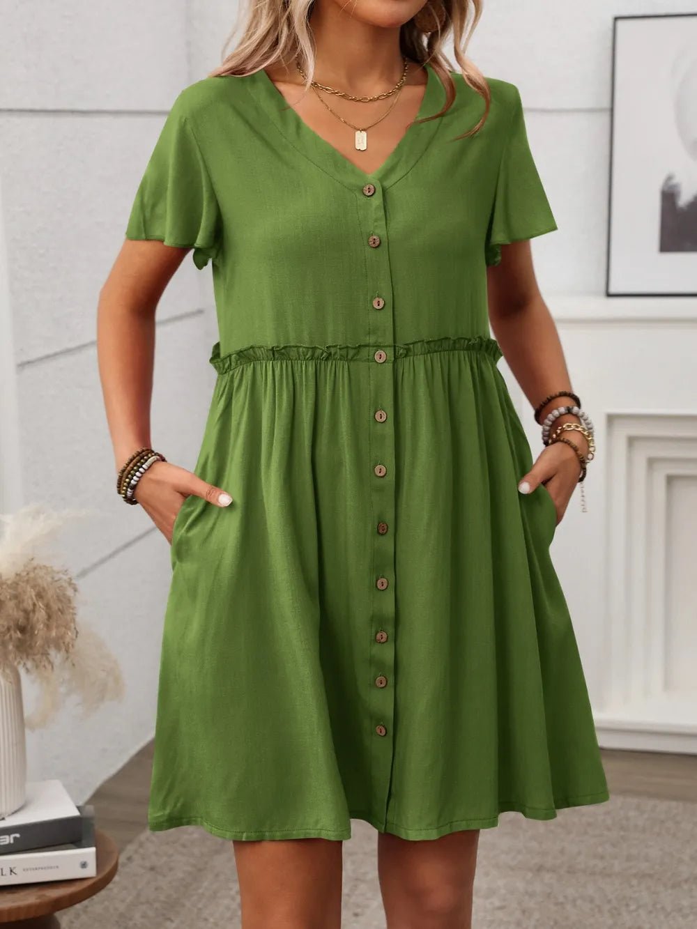 Button Front Flutter Sleeve Dress