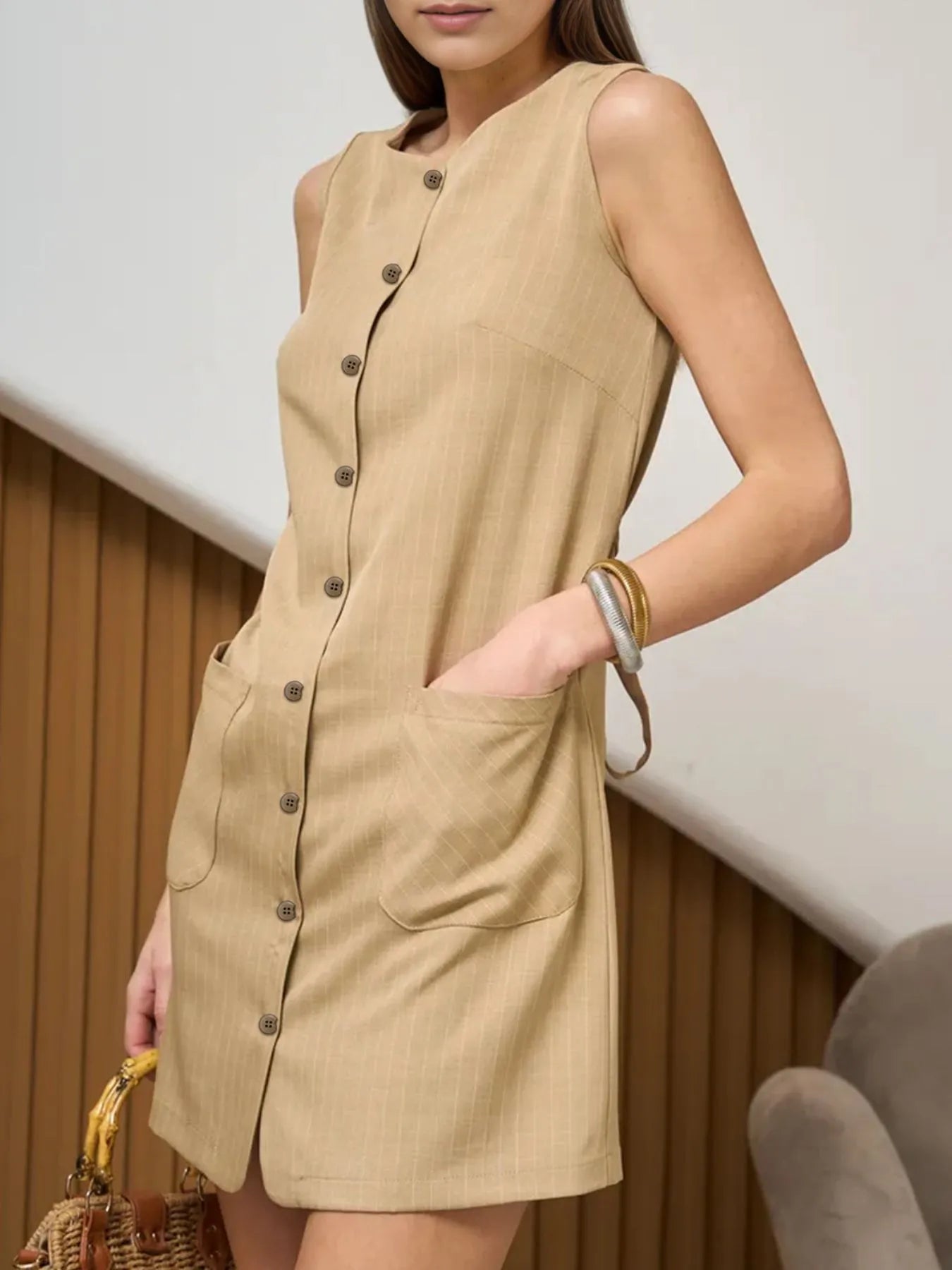 Button - Front Sleeveless Mini Dress with Tie Waist