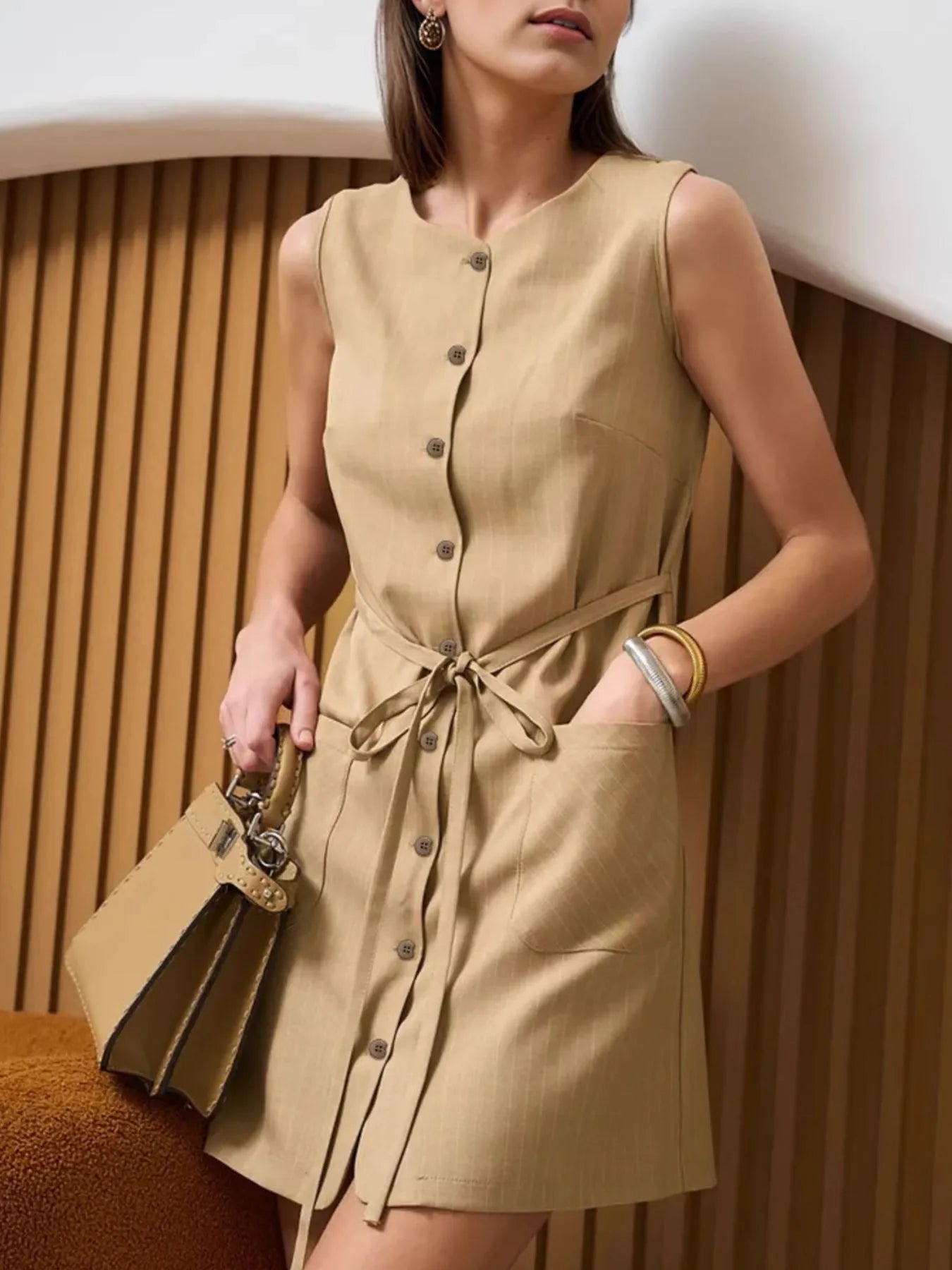 Button - Front Sleeveless Mini Dress with Tie Waist