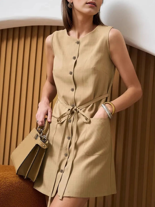 Button - Front Sleeveless Mini Dress with Tie Waist