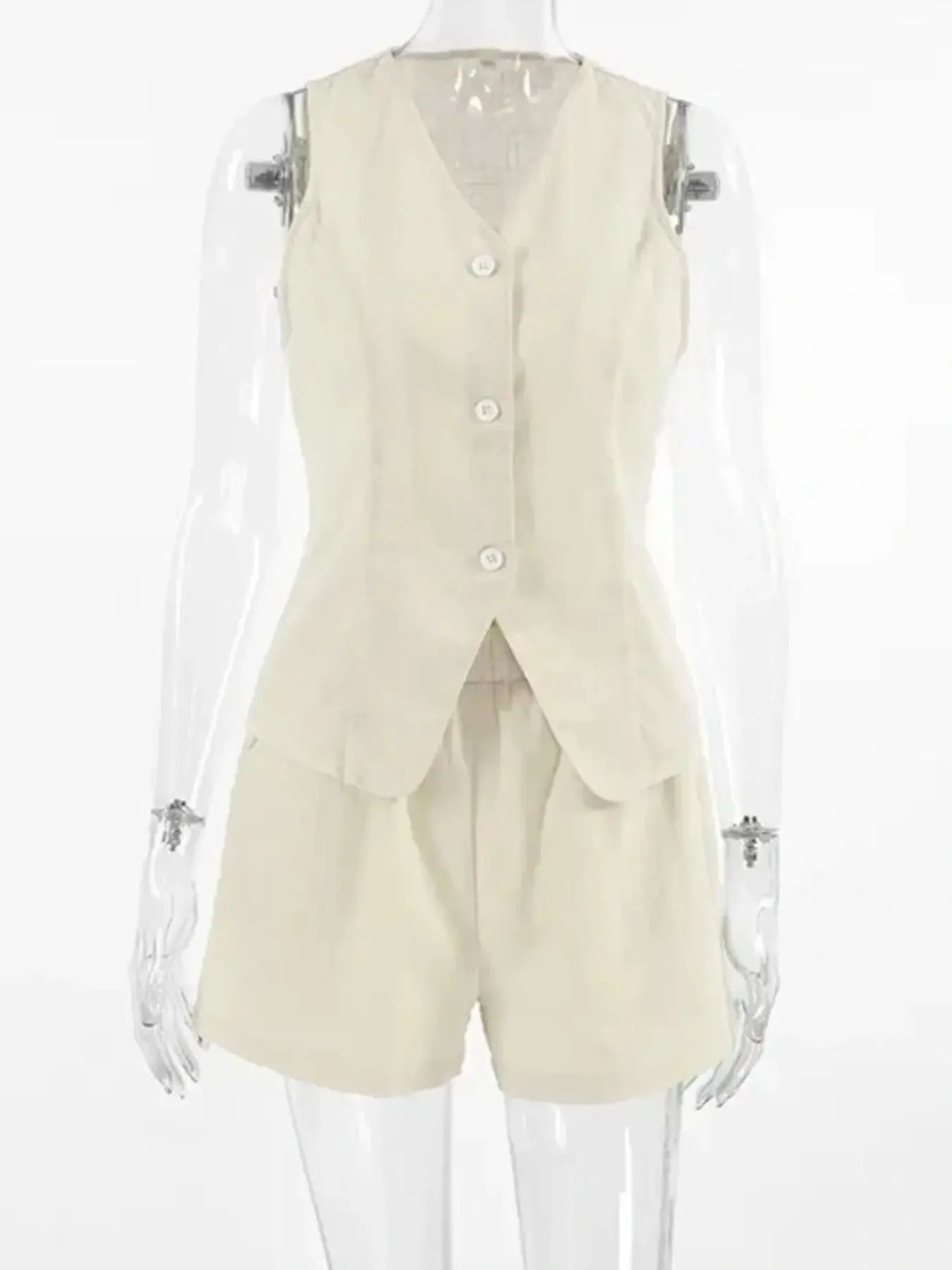 Button Up V - Neck Vest and Shorts Set
