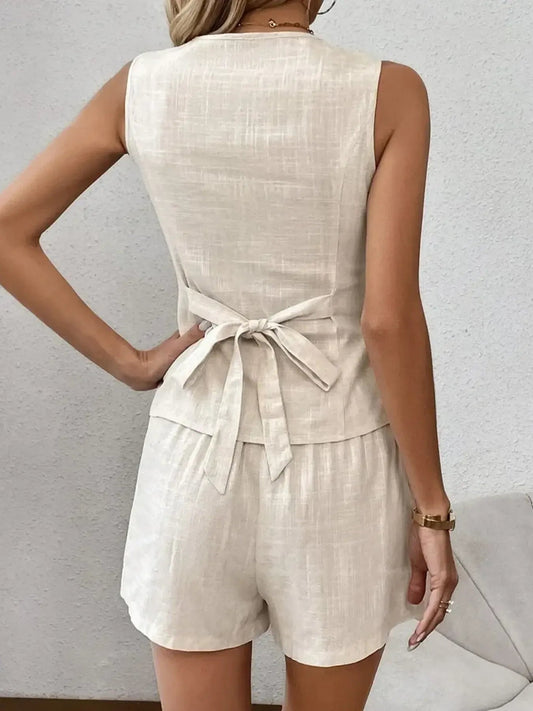 Button Up V - Neck Vest and Shorts Set
