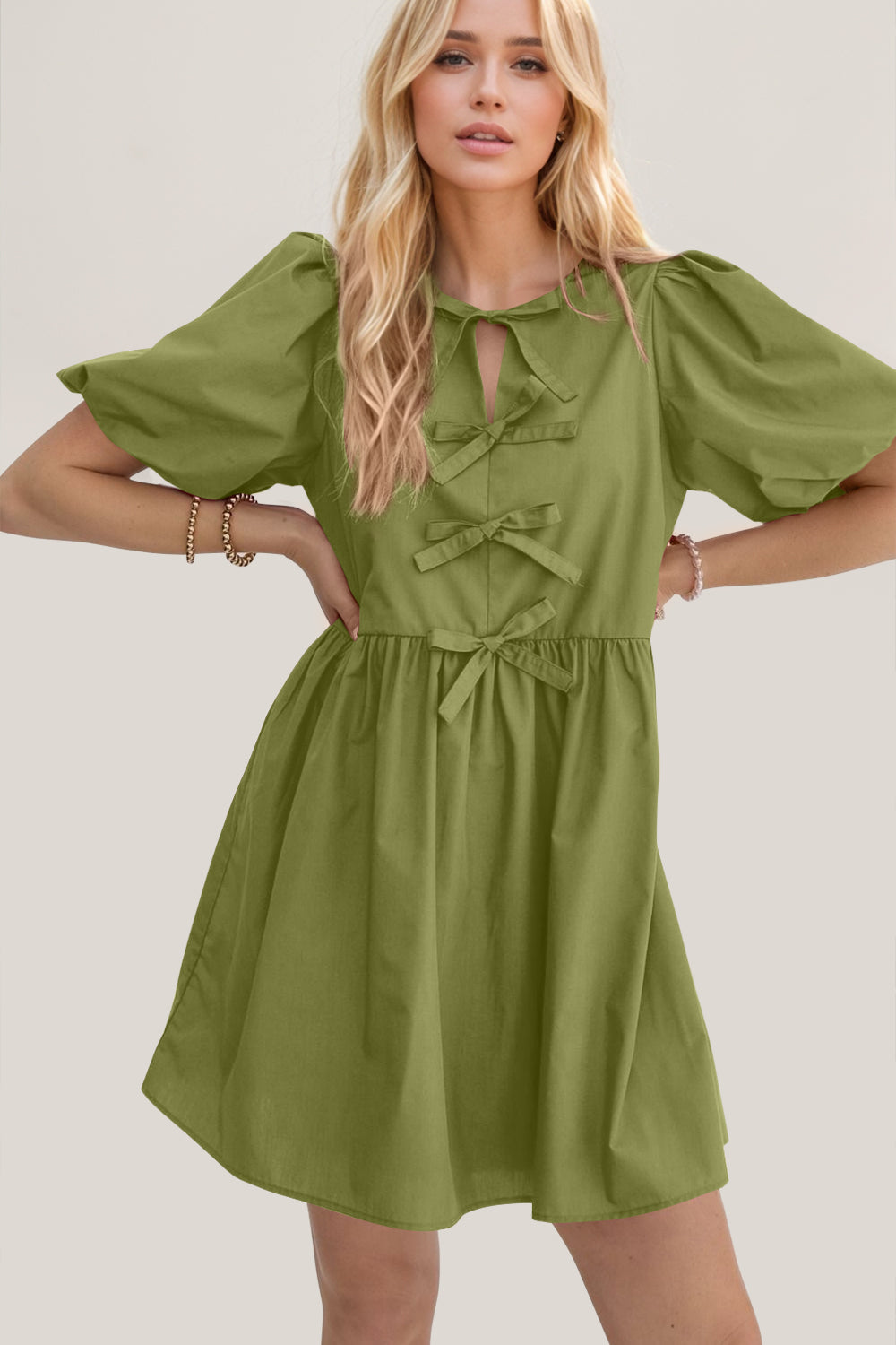 Oh Bow Ruched Puff Sleeve Mini Dress - Classique Collection