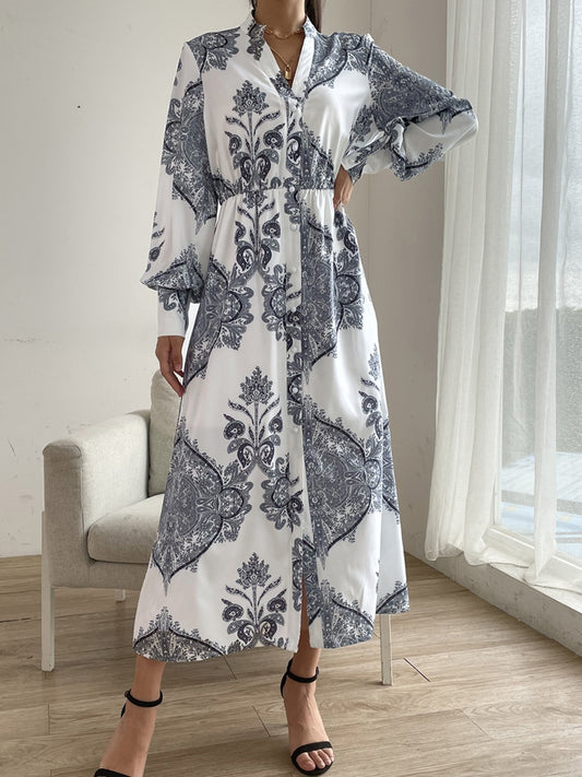 Printed Notched Lantern Sleeve Midi Dress - Classique Collection