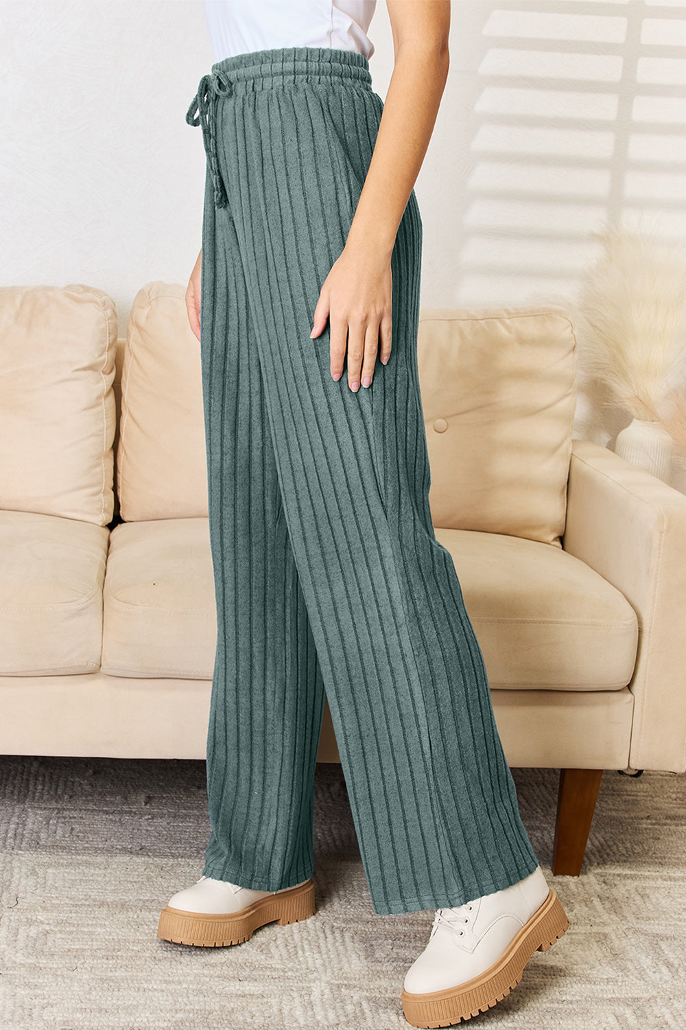 Basic Bae Full Size Ribbed Drawstring Hooded Top and Straight Pants Set - ClassiQ