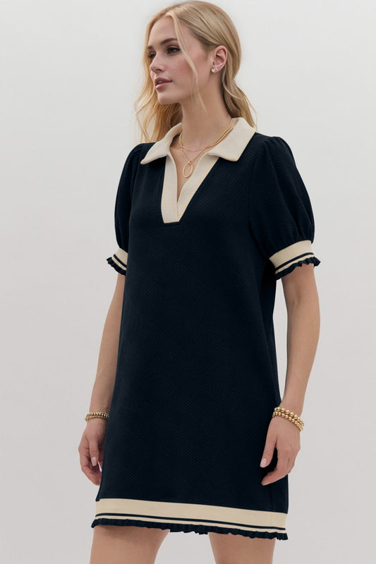 Oh Frill Contrast Trim Johnny Collar Short Sleeve Mini Dress - Classique Collection