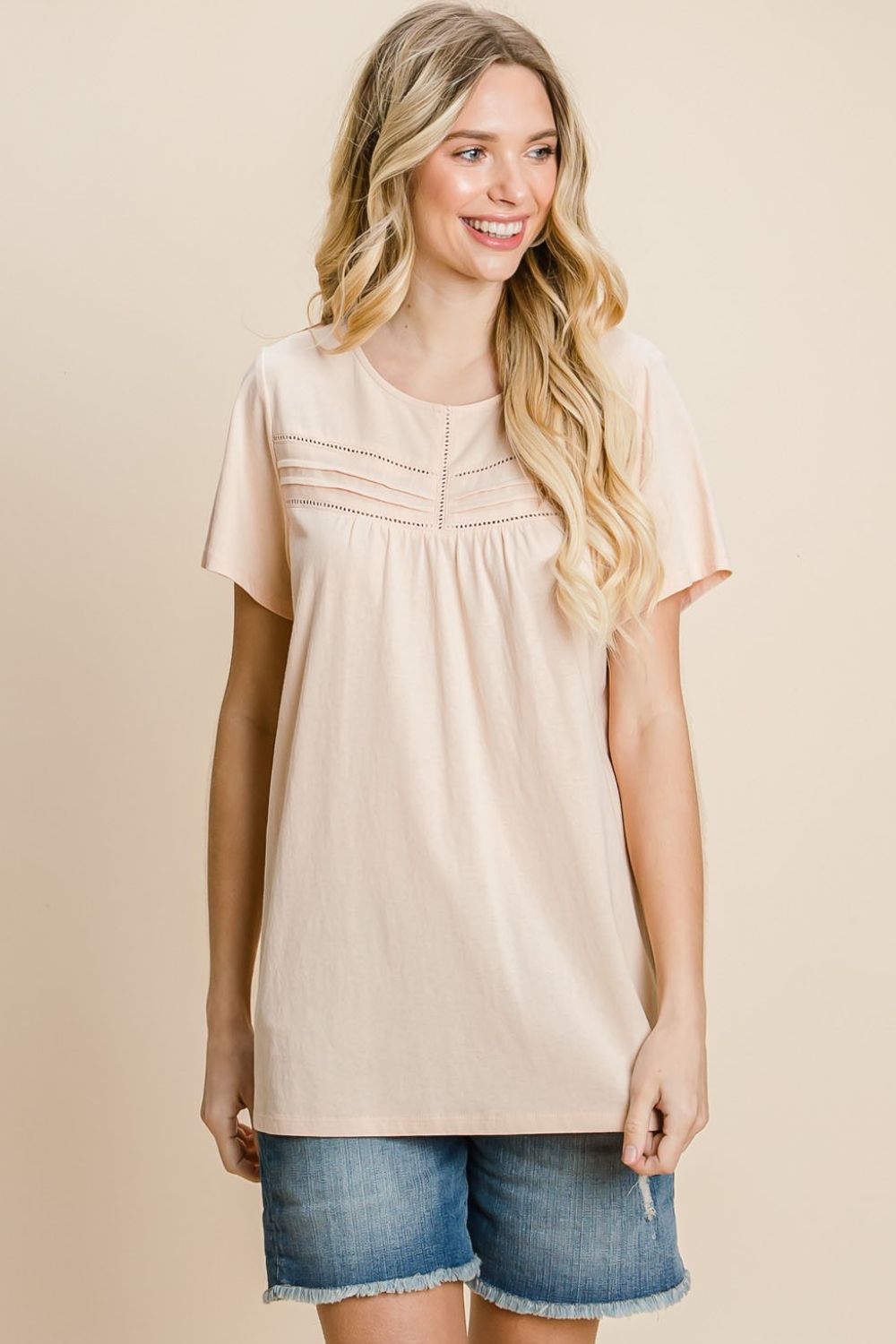 Cotton Bleu by Nu Label Eyelet Round Neck Short Sleeve T-Shirt - Classique Collection