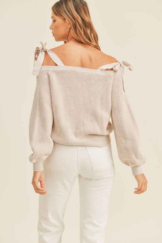 MABLE Off Shoulder Self Tie Strap Button Down Sweater - ClassiQ