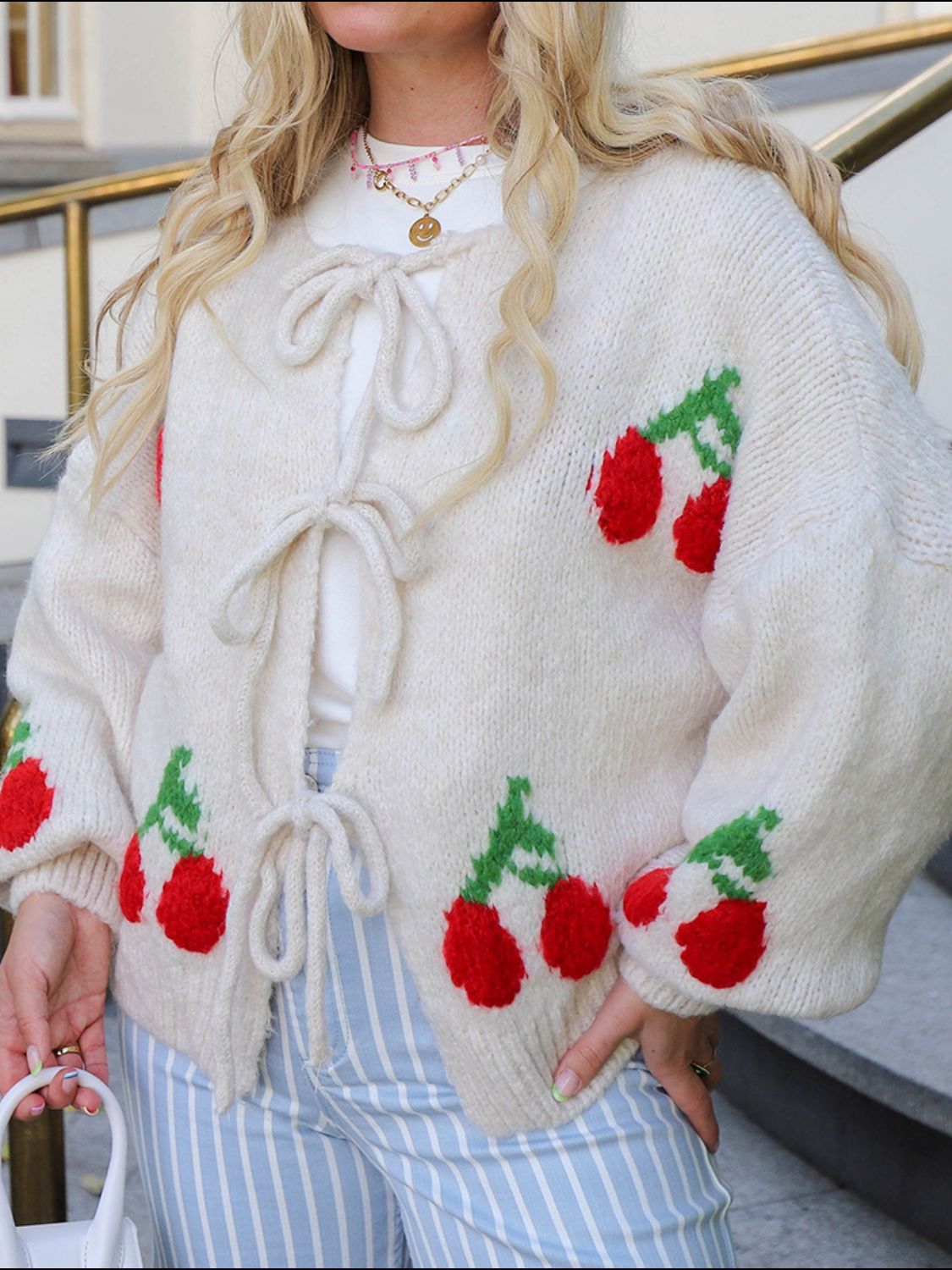 Tied Cherry Round Neck Long Sleeve Cardigan - Classique Collection