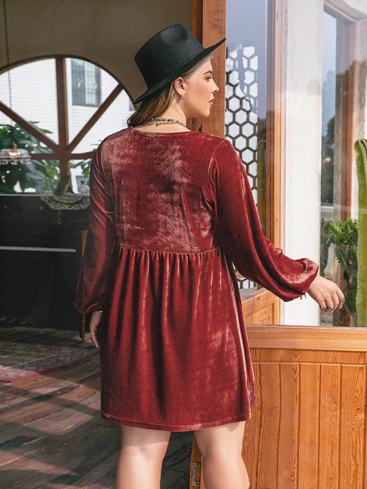 Plus Size Lace Detail V-Neck Long Sleeve Mini Dress - Classique Collection