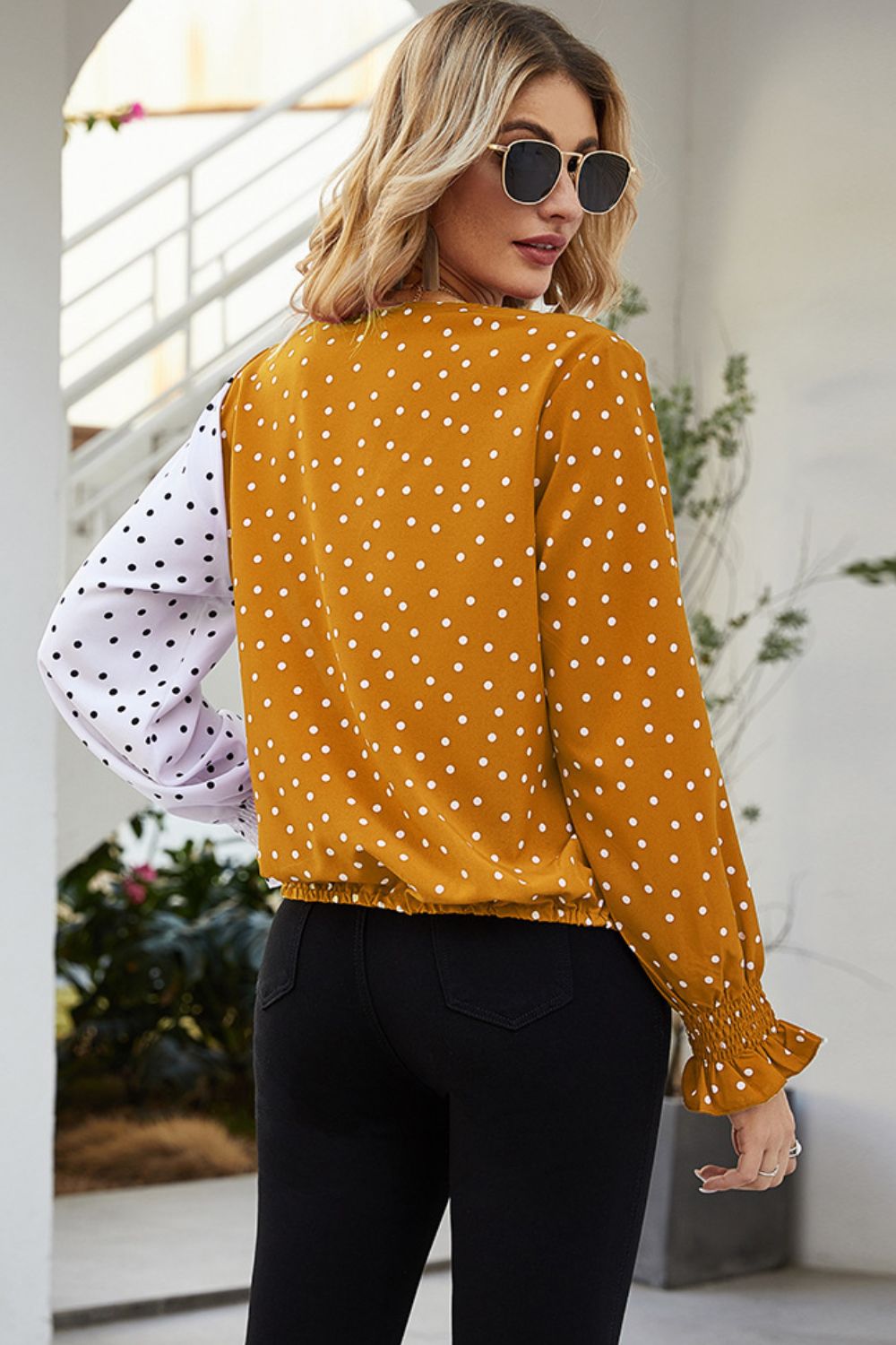 Ivy Lane Polka Dot Surplice Neck Lantern Sleeve Blouse - Classique Collection