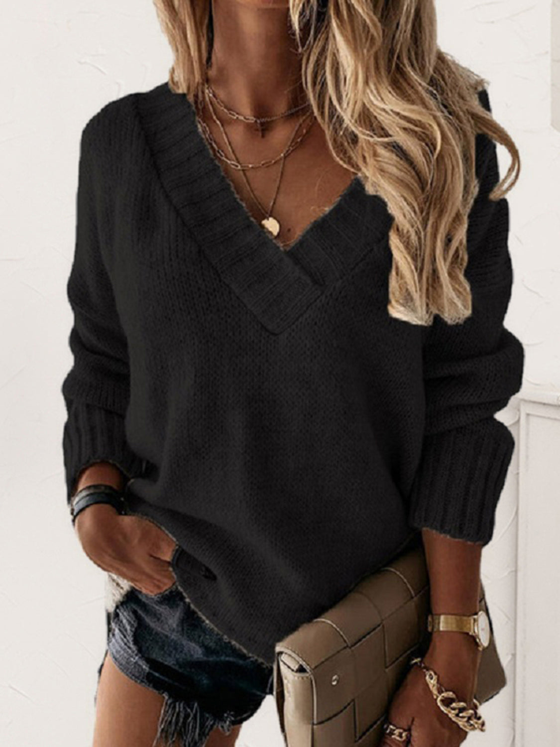 V-Neck Long Sleeve Knit Top - ClassiQ