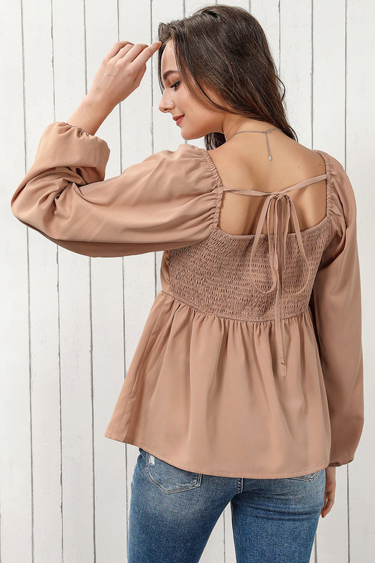 Tie Back Smocked Long Sleeve Babydoll Blouse - Classique Collection