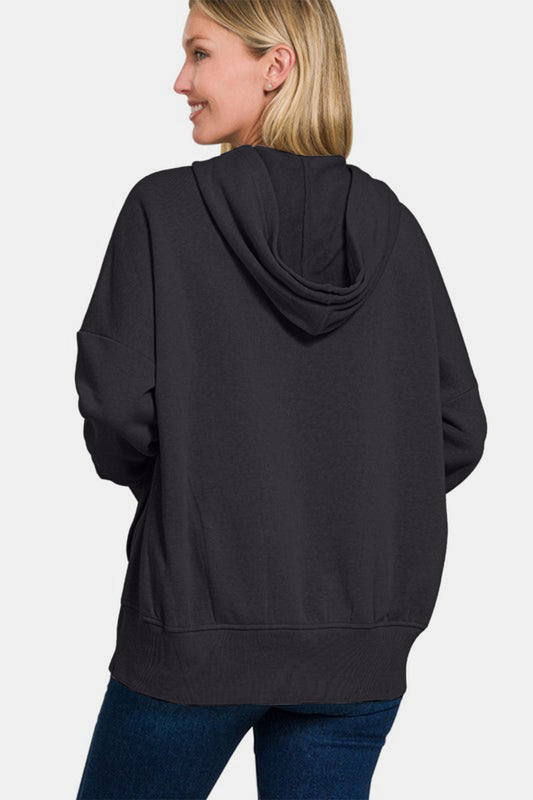 Zenana Half Snap Long Sleeve Hoodie with Kangaroo Pocket - Classique Collection