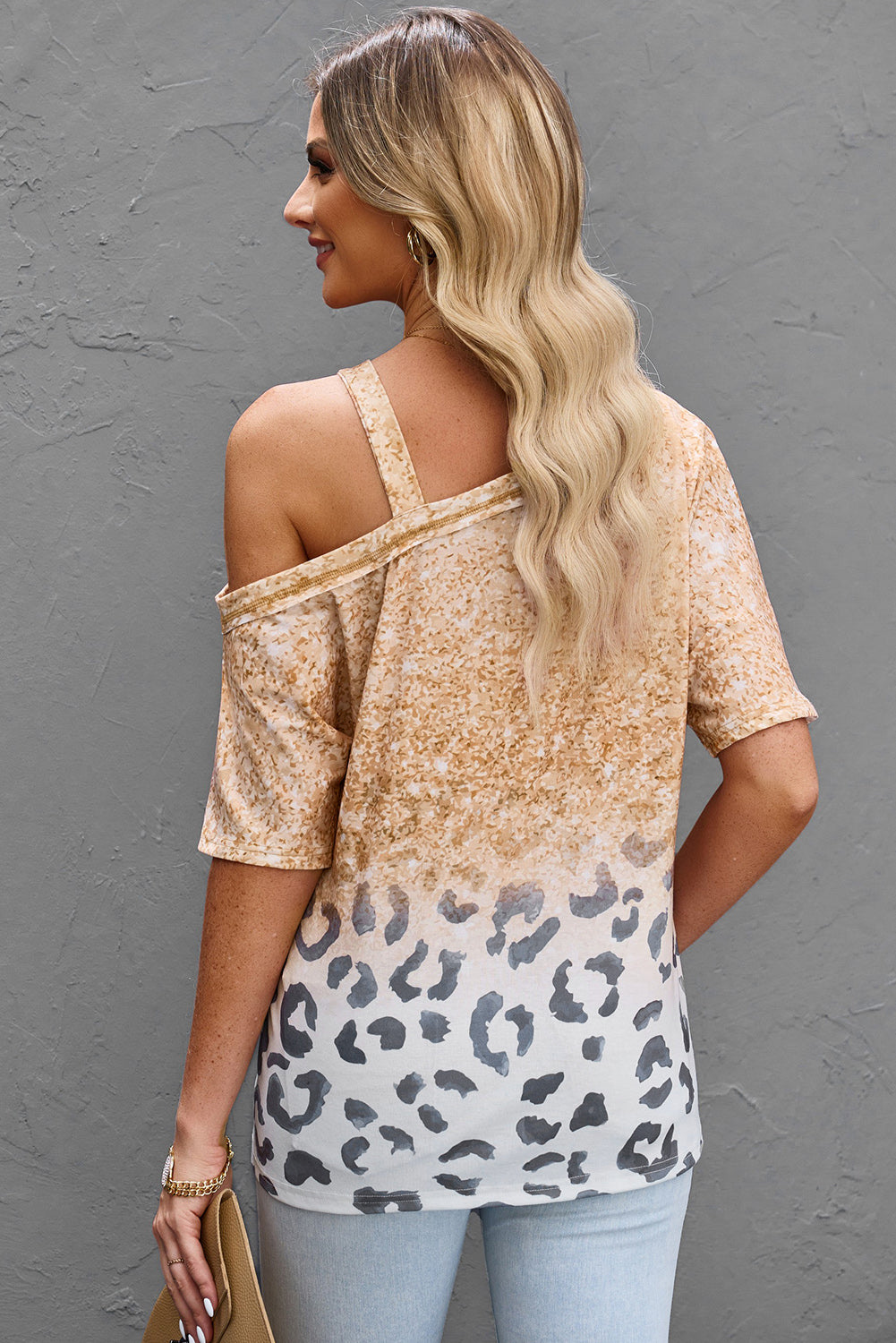 Leopard Asymmetrical Neck Cold-Shoulder Blouse - Classique Collection