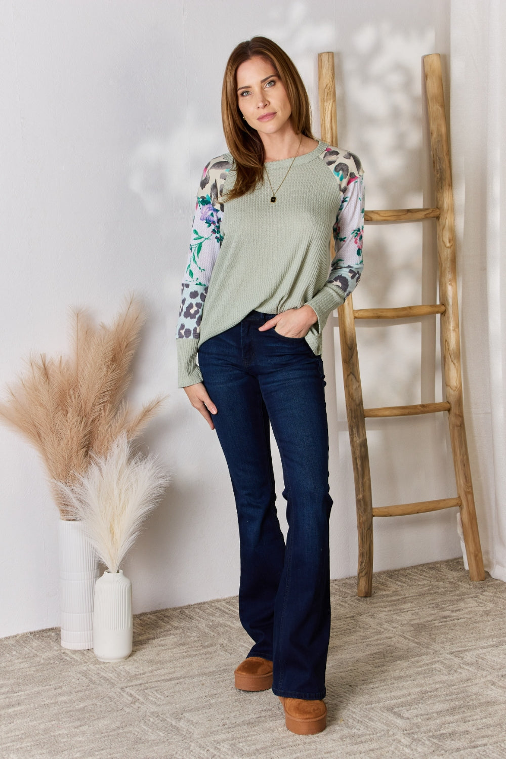 Hailey & Co Full Size Printed Round Neck Blouse - Classique Collection