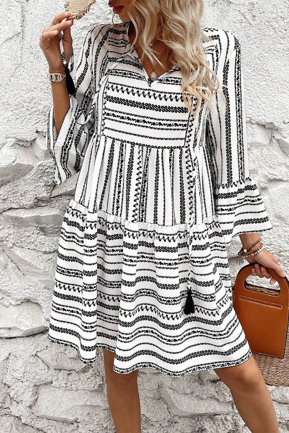 Printed Tie Neck Three-Quarter Sleeve Mini Dress - Classique Collection