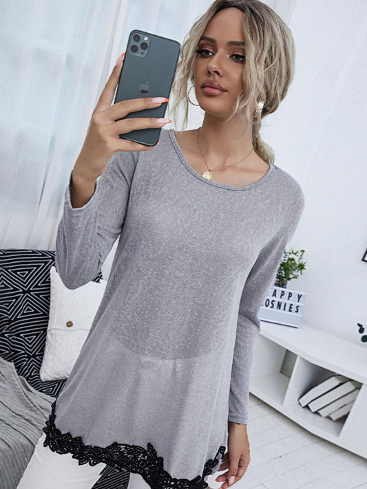 Shiny Spliced Lace Contrast Round Neck Top - Classique Collection