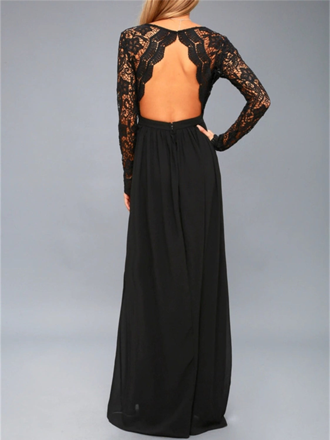 Lace Detail Backless Long Sleeve Maxi Dress - Classique Collection