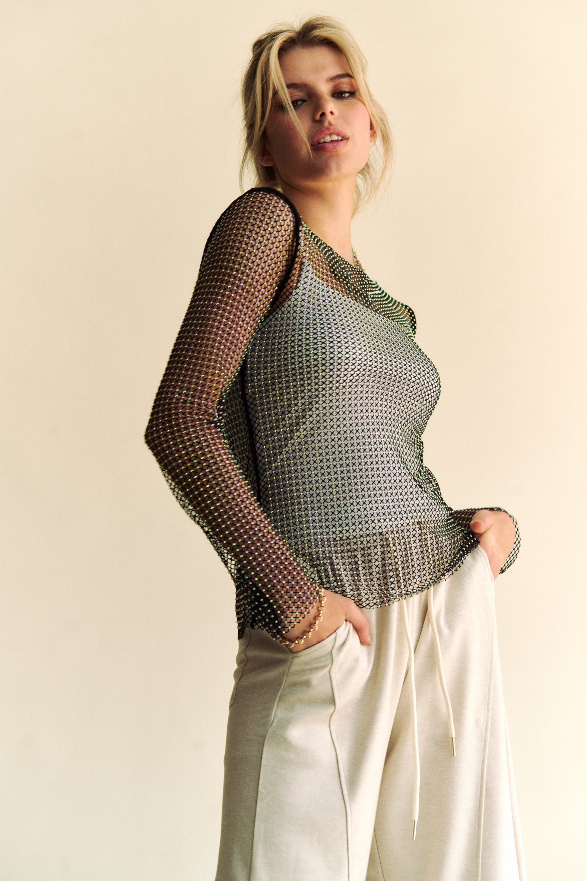 Davi & Dani Sparkling Rhinestone Sheer Mesh Round Neck Top - Classique Collection