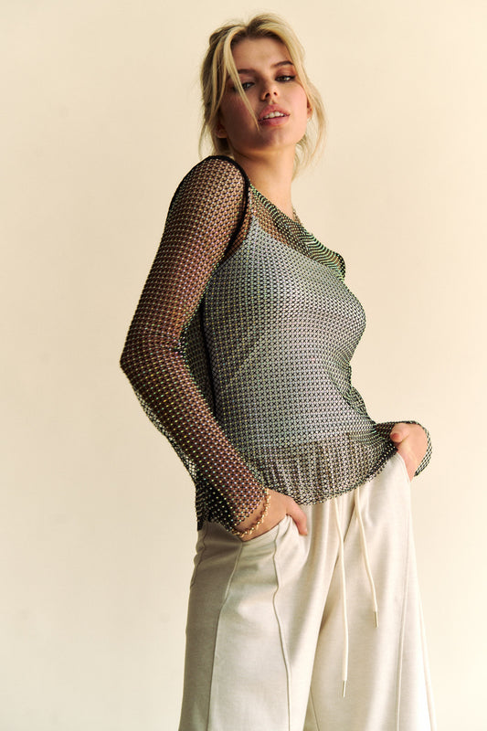 Davi & Dani Sparkling Rhinestone Sheer Mesh Round Neck Top - Classique Collection