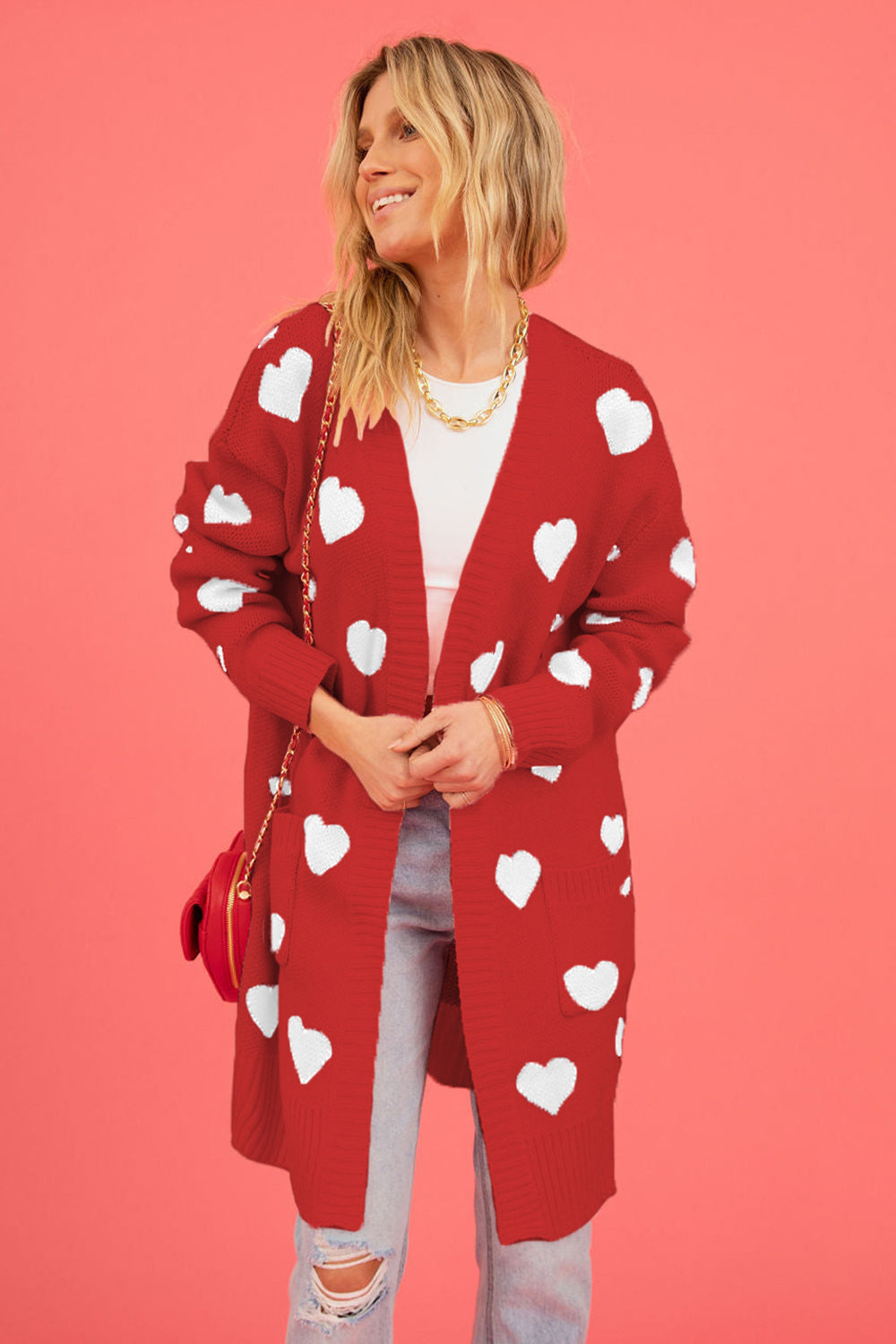 Heart Graphic Open Front Cardigan with Pockets - ClassiQ