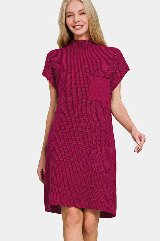 Zenana Mock Neck Short Sleeve Sweater Dress - Classique Collection