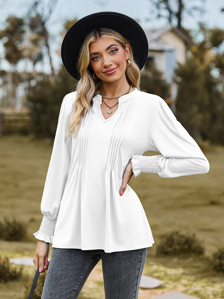 Notched Neck Flounce Sleeve Blouse - Classique Collection
