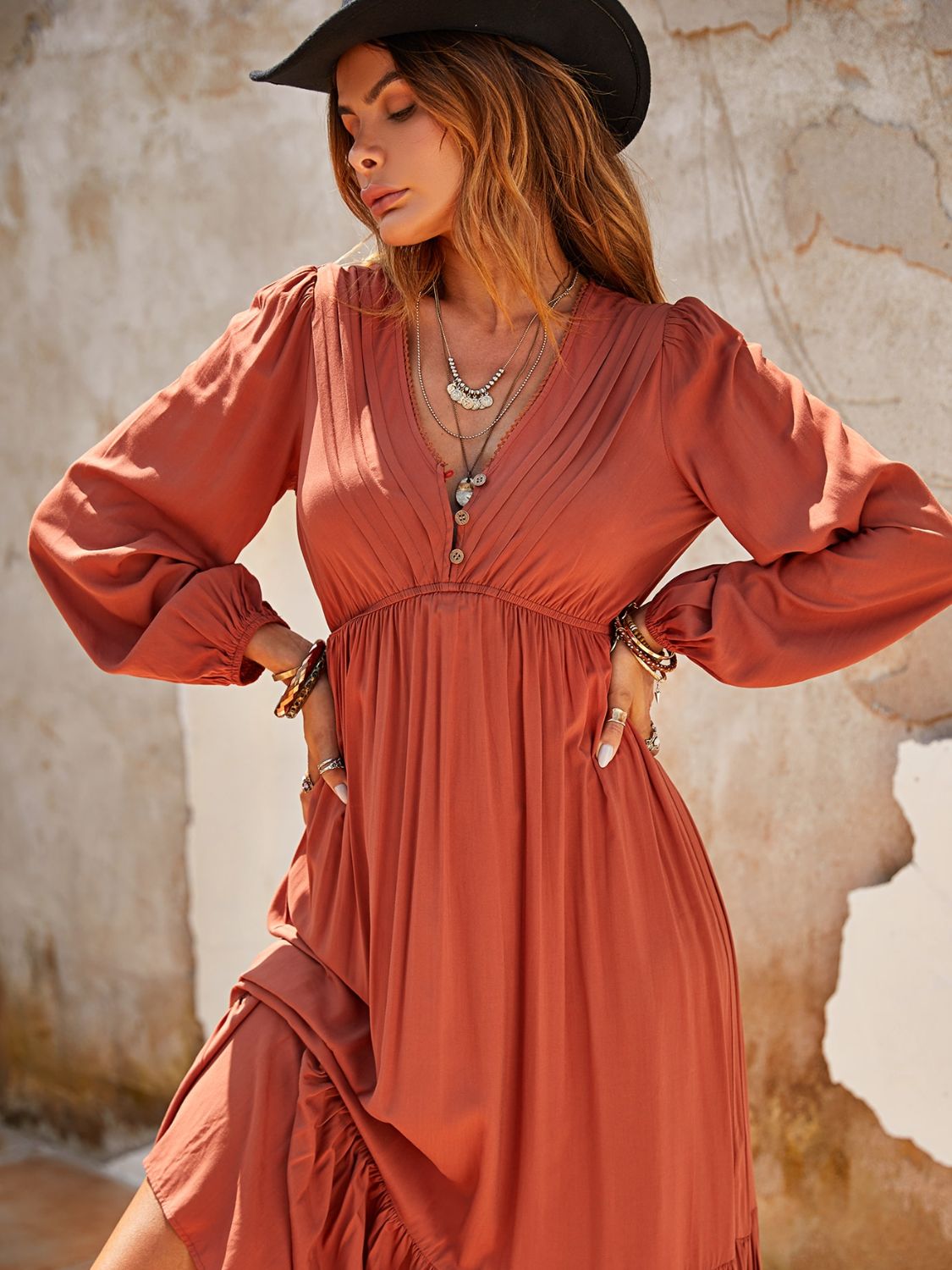 Ruched V-Neck Long Sleeve Midi Dress - Classique Collection