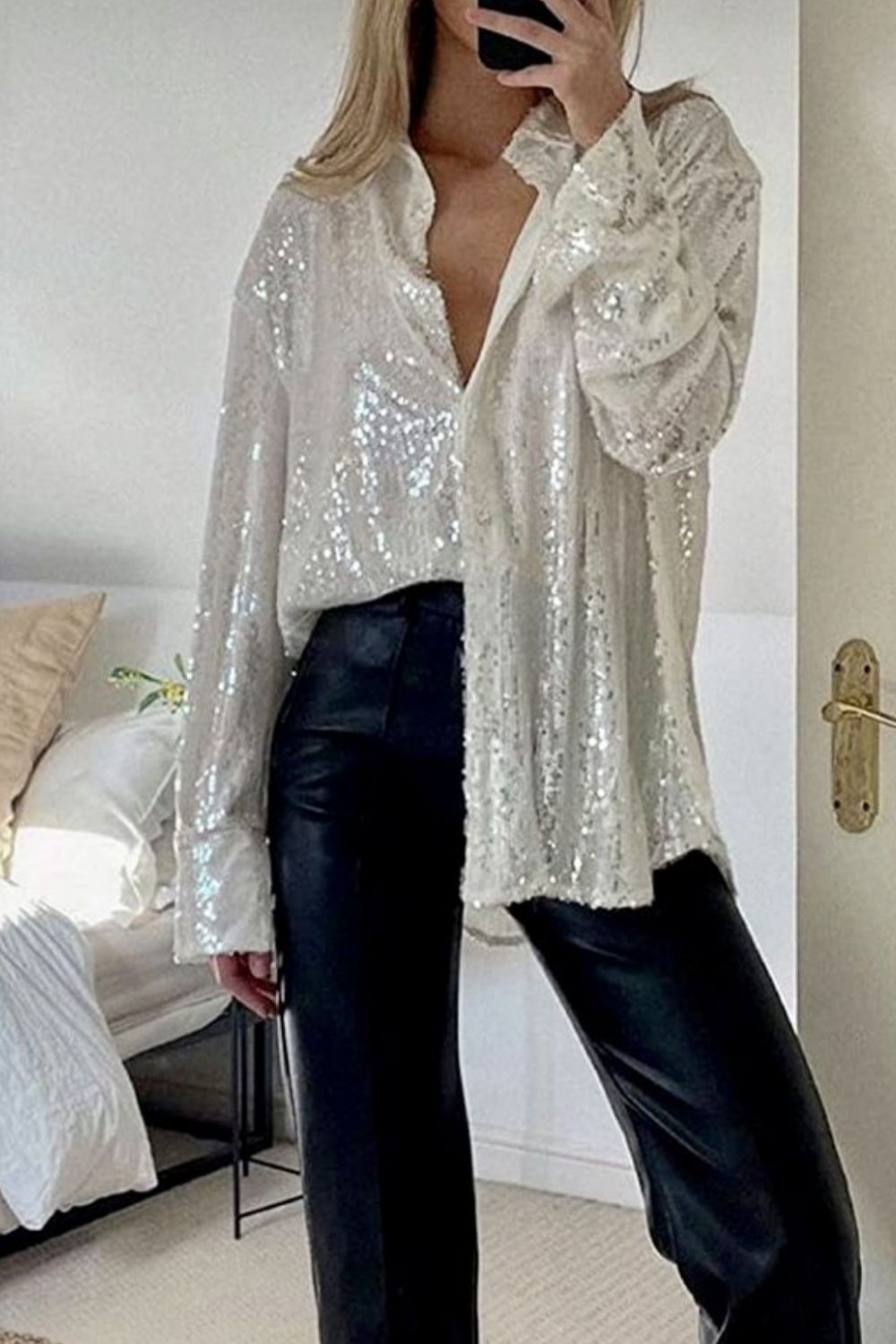 Sequin Button Up Long Sleeve Shirt - Classique Collection