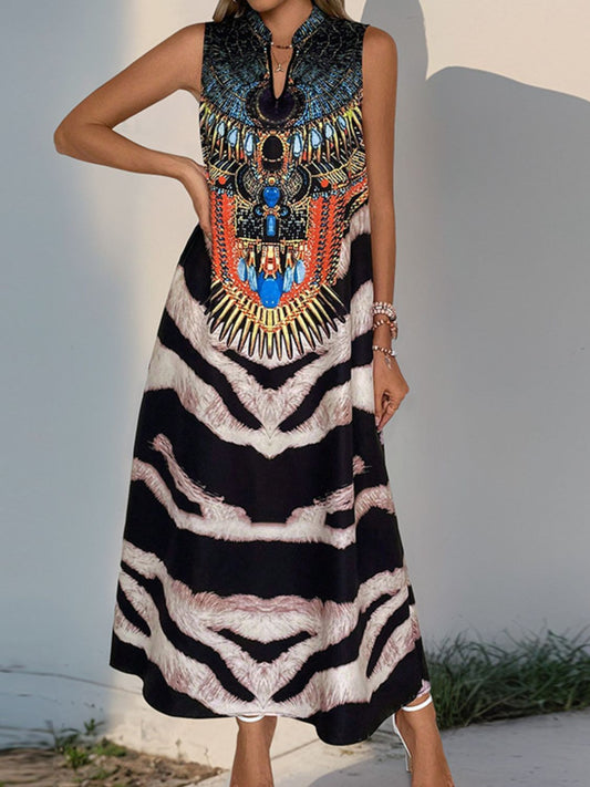 Perfee Printed Notched Sleeveless Dress - Classique Collection