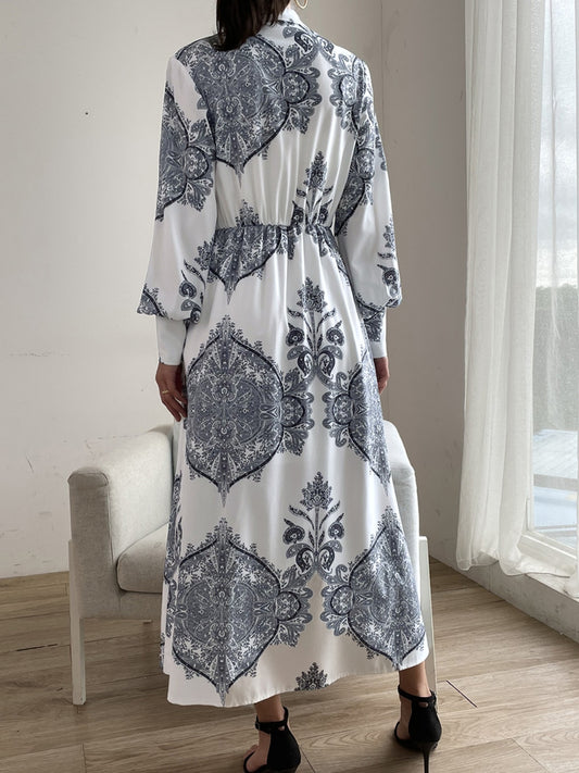 Printed Notched Lantern Sleeve Midi Dress - Classique Collection