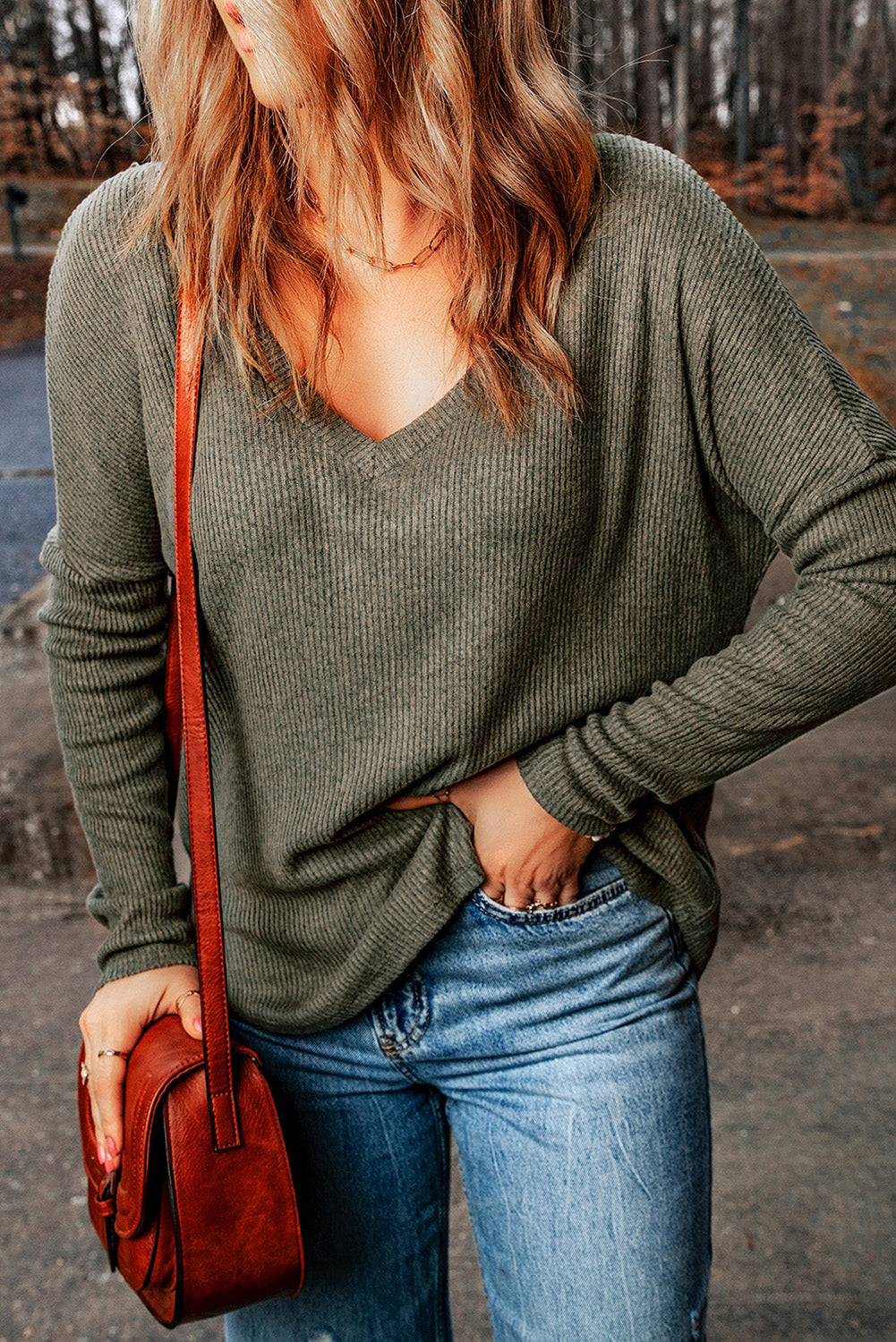 V-Neck Long Sleeve Ribbed Top - Classique Collection